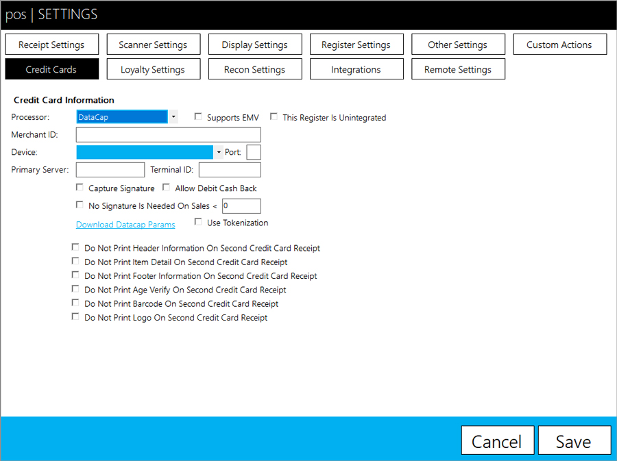 Credit Cards Settings in POS